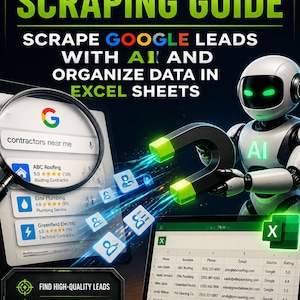 Puede incluir: Una guía digital titulada AI LEAD SCRAPING GUIDE que muestra un robot blanco con ojos verdes brillantes sosteniendo un imán que atrae iconos de usuario azules desde una interfaz de búsqueda de Google hacia una hoja de cálculo Excel.