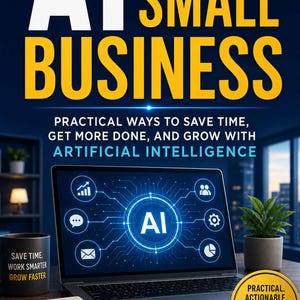 May include: A book cover titled AI FOR YOUR SMALL BUSINESS by Austin Erkl. The cover features a laptop displaying a glowing blue AI circuit graphic, a notebook with a checklist, a mug with text, and a yellow circular badge stating PRACTICAL. ACTIONABLE. PROFITABLE.
