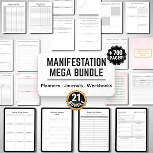 Puede incluir: Un conjunto digital de planificadores, diarios y cuadernos de trabajo. La imagen presenta varias páginas con títulos como "Weekly Tracker", "Selfcare Log" y "Money Mindset Journal". El texto central dice "Manifestation Mega Bundle" con "+700 Pages!"