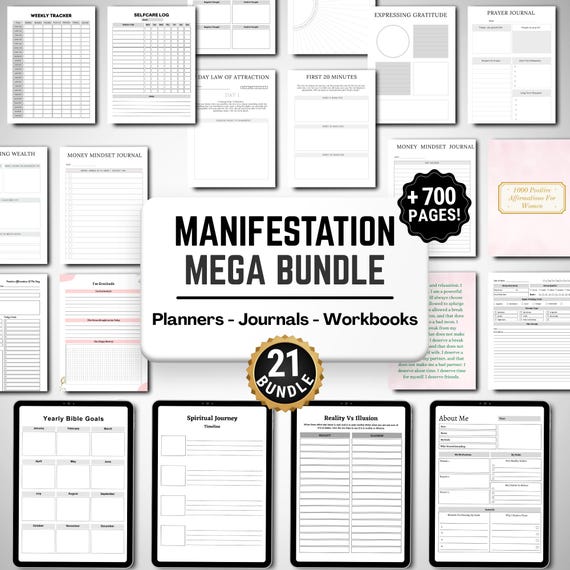 Manifestation Planner Journal Bundle | Law of Attraction Printable Workbook, Vision Board Daily Gratitude Goal Setting Spiritual Mindset Kit