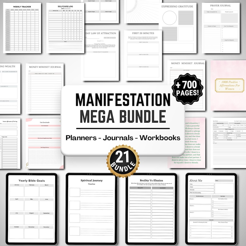 May include: A collection of digital planners, journals, and workbooks. The image features various pages with titles like "Weekly Tracker," "Selfcare Log," and "Money Mindset Journal." The central text reads "Manifestation Mega Bundle" with "+700 Pages!"