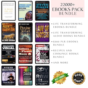 Może przedstawiać: Kolekcja cyfrowych ebooków wyświetlanych na tabletach. Zestaw zawiera tytuły o życiu, samodoskonaleniu i projektowaniu, z tekstem "22000+ EBOOKS PACK BUNDLE". Dodatkowy tekst obejmuje "Life Transforming Ebooks Bundle" i "Recipes and Cooking Books Bundle".
