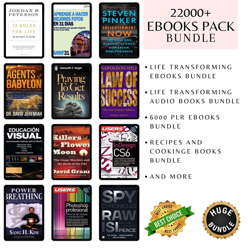 May include: A collection of digital ebooks displayed on tablets. The bundle includes titles on life, self-improvement, and design, with the text "22000+ EBOOKS PACK BUNDLE". Additional text includes "Life Transforming Ebooks Bundle" and "Recipes and Cooking Books Bundle".