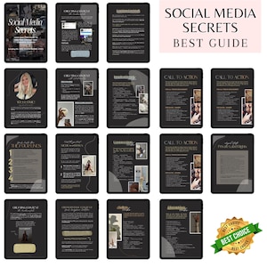 Könnte beinhalten: Eine Sammlung digitaler Tablets, die Seiten aus einem Leitfaden mit dem Titel "Social Media Secrets Best Guide" anzeigen. Die Seiten enthalten Text, Bilder und Grafiken. Ein "Best Choice"-Abzeichen befindet sich unten rechts.