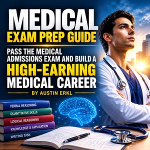 Puede incluir: Una portada de libro titulada MEDICAL EXAM PREP GUIDE BY AUSTIN ERKL que muestra a una persona con bata blanca y estetoscopio, una pila de cinco libros de colores con temas de estudio, un libro de texto abierto, un bolígrafo y un gráfico cerebral azul.