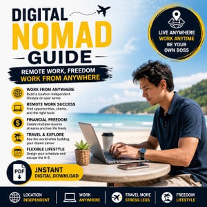 May include: A digital guide titled Digital Nomad Guide featuring text about remote work, freedom, and working from anywhere. The graphic includes icons for travel, finance, and lifestyle, alongside a PDF download indicator and a beach scene.