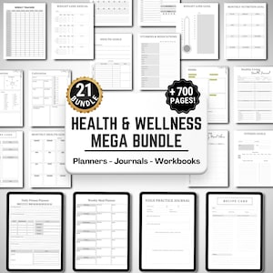 May include: A collection of printable health and wellness planners, journals, and workbooks. The bundle includes a weekly tracker, weight loss goals, and recipe cards. The central text reads "Health & Wellness Mega Bundle" with over 700 pages.