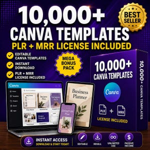 Puede incluir: Un paquete de productos digitales con más de 10,000 plantillas de Canva con licencias PLR y MRR. La imagen muestra una computadora portátil, una tableta y un teléfono inteligente con diseños de plantillas, junto a una caja morada con el texto 10,000+ Canva Templates.