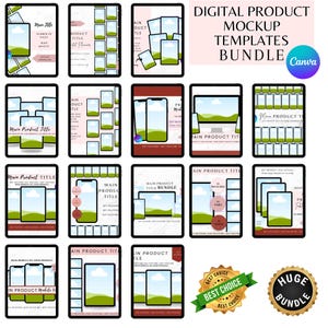 May include: A digital product mockup templates bundle with various tablet and phone mockups. The image includes multiple digital device templates with the text "Main Product Title" and "Digital Product Mockup Templates Bundle". There are two badges that say "Best Choice" and "Huge Bundle".