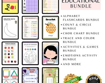 Kids Educational Bundle | Alphabet Flashcards, Chore Charts, Trace and Color | Learning Activities, Games & Worksheets
