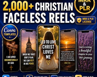 Puede incluir: Una colección digital de más de 2.000 reels cristianos sin rostro con plantillas de Canva y licencias MRR y PLR. La imagen muestra cinco pantallas de teléfonos inteligentes con diversas imágenes religiosas, textos inspiradores y escenas de atardeceres.