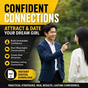 Könnte beinhalten: Ein digitaler Download-Ratgeber mit dem Titel CONFIDENT CONNECTIONS ATTRACT & DATE YOUR DREAM GIRL. Er zeigt einen Mann im marineblauen Blazer, der auf eine Frau deutet, sowie Stichpunkte zu Strategien für Selbstvertrauen und Anziehung.