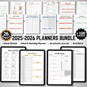 May include: A digital planner bundle with 26 different planner templates for 2025-2026, including home school, meal, gratitude, and fitness planners. The bundle includes over 1600 pages. The image shows various planner pages and digital tablets.