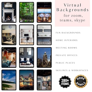 May include: A collection of virtual backgrounds displayed on tablets, including home interiors, meeting rooms, and city skylines. Text reads "Virtual Backgrounds for zoom, teams, skype." Includes a "Huge Bundle" badge and "280+ Items" badge.