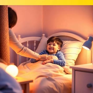 Pode incluir: Uma criança sorri na cama, iluminada por um brilho quente. A imagem apresenta uma capa de livro com o texto "19 Rituais para a hora de dormir para que seu filho durma a noite toda" por Austin Erkl. Uma mão toca suavemente a criança.