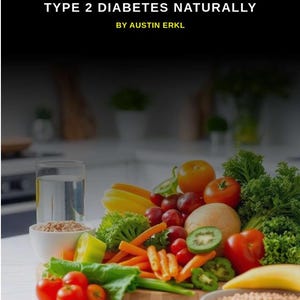 Puede incluir: Una vibrante exhibición de productos frescos, incluyendo tomates, zanahorias y kiwis, dispuestos sobre una superficie blanca. La imagen también presenta un vaso de agua y un cuenco de granos. El texto en la parte superior dice "25 BLOOD SUGAR BUSTERS: THE ULTIMATE GUIDE TO REVERSING TYPE 2 DIABETES NATURALLY".