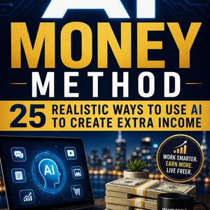 Puede incluir: Un libro titulado The AI Money Method de Austin Erkl con una portada que muestra una computadora portátil con iconos de IA, un fajo de billetes y una taza negra con el texto Smart Tools. Real Strategies. Extra Income. Una insignia dorada dice Work Smarter.