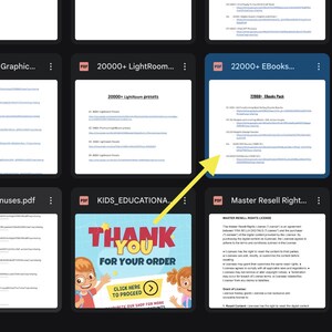May include: A digital product listing featuring several PDF documents. One document is labeled "22000+ EBooks..." and another "20000+ LightRoom..." The image also includes a "Thank You" graphic with a call to action.