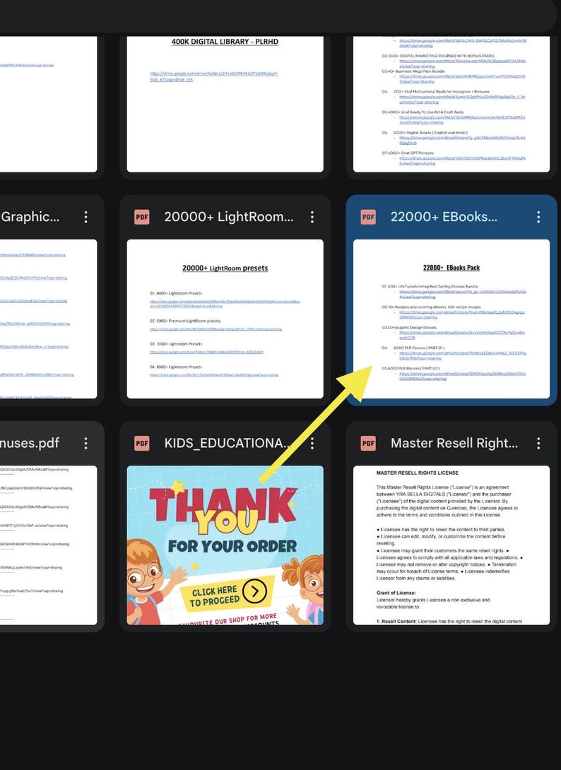 May include: A digital product listing featuring several PDF documents. One document is labeled "22000+ EBooks..." and another "20000+ LightRoom..." The image also includes a "Thank You" graphic with a call to action.