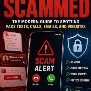 Puede incluir: Una portada de libro titulada DON'T GET SCAMMED: THE MODERN GUIDE TO SPOTTING FAKE TEXTS, CALLS, EMAILS, AND WEBSITES por Austin Erkl. El gráfico muestra un teléfono inteligente con una alerta de estafa rodeado de ejemplos de mensajes fraudulentos.