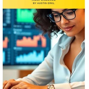 Puede incluir: Una mujer con gafas y una camisa azul claro trabaja en un portátil. La imagen incluye el texto "AI MONEY FOR WOMEN OVER 40: HOW TO MAKE MONEY USING AI AND BUILD FINANCIAL INDEPENDENCE BY AUSTIN ERKL."