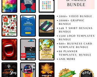 May include: A collection of digital graphics and video bundles displayed on tablets. The image includes various designs, such as a boxing-themed graphic, a house renovation advertisement, and a rock star fan illustration. Text includes "5000GB+ GRAPHIC & VIDEOS BUNDLE".