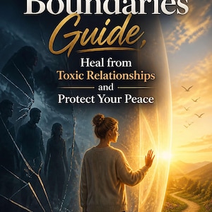 May include: A book cover titled Family Boundaries Guide: Heal from Toxic Relationships and Protect Your Peace by Austin Erkl. It depicts a person standing between a dark, shattered glass area with silhouettes and a bright, sunny landscape path.