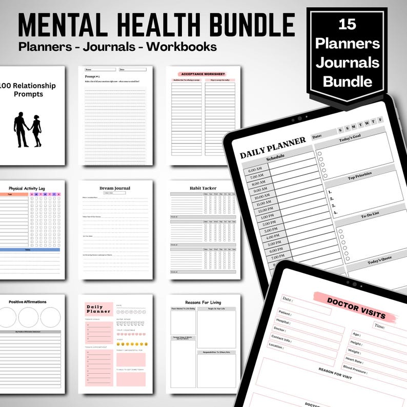 May include: A bundle of mental health planners, journals, and workbooks. The image shows various pages with prompts, trackers, and daily schedules. The text includes "Mental Health Bundle," "15 Planners Journals Bundle," and "Doctor Visits."