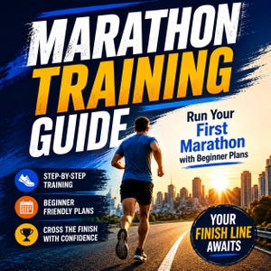 Könnte beinhalten: Eine digitale Grafik mit dem Titel MARATHON TRAINING GUIDE und dem Untertitel Run Your First Marathon with Beginner Plans. Sie zeigt einen Läufer auf einer Straße vor einer Stadtsilhouette bei Sonnenaufgang sowie Symbole für Training und Trophäen.