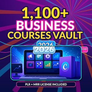 Puede incluir: Un gráfico digital que muestra el texto 1,100+ BUSINESS COURSES VAULT y 2026. La imagen presenta una pantalla de computadora portátil con varios iconos de aplicaciones coloridos, una caja morada con un logo C blanco y el texto PLR + MRR LICENSE INCLUDED.
