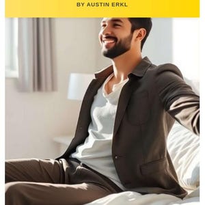Puede incluir: Un hombre con blazer y pantalón marrón sentado en una cama con sábanas blancas. El texto en una pancarta amarilla dice: "EARLY RISER SUCCESS: HOW TO FIX YOUR SLEEP SCHEDULE AND WAKE UP EARLY WITH ENERGY AND PURPOSE BY AUSTIN ERKL."