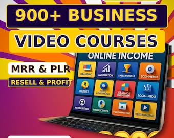 Puede incluir: Un gráfico digital que muestra la pantalla de una computadora portátil con una cuadrícula de doce iconos coloridos etiquetados como Branding, Automation, Sales Funnels, Ecommerce, Website, Adnic Advertising, Graphics, Social Media, Accounting, Productivity, Video Marketing y Video Marketing. El texto dice 900+ Business Video Courses, Instant Download, MRR & PLR, Resell & Profit, Online Income, Business Education, Digital Marketing y 2026.