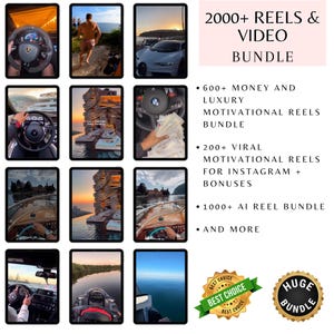 May include: A collection of images displayed on tablets, showcasing luxury cars, boats, and scenic views. Text on the image promotes a "2000+ Reels & Video Bundle" with motivational content and AI reels. Includes "Best Choice" and "Huge Bundle" badges.