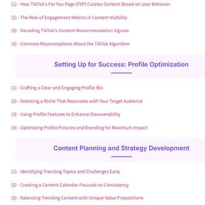 May include: A digital document with a table of contents titled "Table of Contents". The document is divided into sections: Understanding the TikTok Algorithm Fundamentals, Setting Up for Success, Content Planning, and Crafting High-Performing Content.