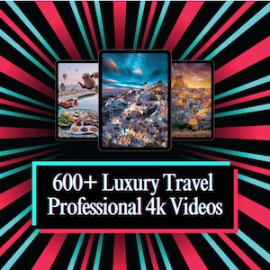 May include: Three tablets displaying travel scenes, set against a background of red, black, and teal stripes. The tablets showcase images of food, a cityscape, and a sunset. Text on the bottom reads "600+ Luxury Travel Professional 4k Videos."