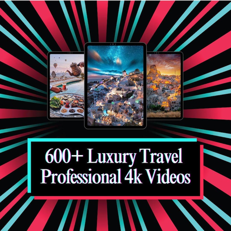 May include: Three tablets displaying travel scenes, set against a background of red, black, and teal stripes. The tablets showcase images of food, a cityscape, and a sunset. Text on the bottom reads "600+ Luxury Travel Professional 4k Videos."