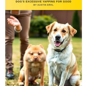 May include: Two dogs, one light brown and white, the other a smaller, fluffy tan dog, sit on grass. The larger dog wears a collar and smiles. Text on a yellow banner reads: "HOW TO GET YOUR DOG TO STOP BARKING: THE 7-DAY BARK BUSTER..." by Austin Erkl.