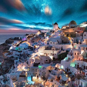 May include: A picturesque nighttime view of a coastal village with white buildings and windmills under a starry sky. The buildings are illuminated with warm lights, creating a contrast with the cool blues and purples of the sky and sea.