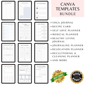 May include: A digital Canva templates bundle featuring various printable planners and journals. Includes templates for yoga, recipes, self-esteem, medical, healthy living, journaling, relocation, decluttering, and more. The image also includes two gold-colored badges.