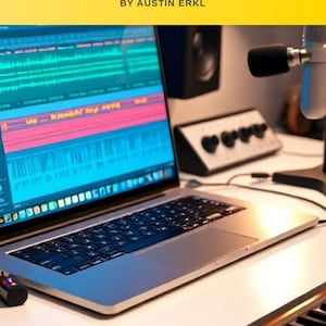 Peut inclure: Un ordinateur portable argenté affichant une forme d'onde audio colorée sur son écran, placé à côté d'un microphone de studio noir et d'une interface audio blanche avec des boutons noirs. Le texte BY AUSTIN ERKL est visible en haut.