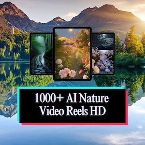 Pode incluir: Três tablets exibindo cenas da natureza, incluindo um caminho através de uma floresta, uma paisagem floral e um caminho iluminado pela lua. O texto "1000+ AI Nature Video Reels HD" é exibido na parte inferior, com um fundo de montanha e lago.