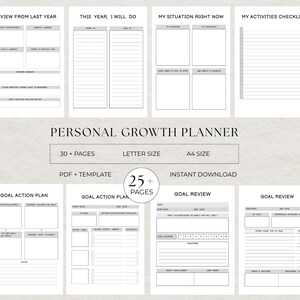 May include: A personal growth planner with a minimalist design. The planner includes sections for reviewing the past year, setting goals, and tracking activities. The planner is available in letter and A4 sizes, with over 25 pages.