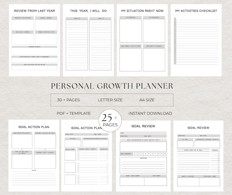 May include: A personal growth planner with a minimalist design. The planner includes sections for reviewing the past year, setting goals, and tracking activities. The planner is available in letter and A4 sizes, with over 25 pages.