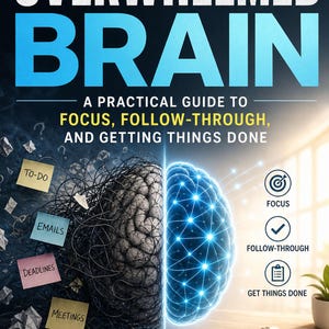 May include: The book cover for The Overwhelmed Brain by Austin Erkl features a split brain graphic: one side is a tangled, dark mass with sticky notes labeled TO-DO, EMAILS, DEADLINES, and MEETINGS, while the other side is a glowing, blue digital network.