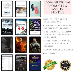 May include: A collection of digital products and assets, including courses, bundles, and masterclasses. The image features various tablets displaying book covers and website interfaces, with text that reads "1000+ GB DIGITAL PRODUCTS & ASSETS BUNDLE."