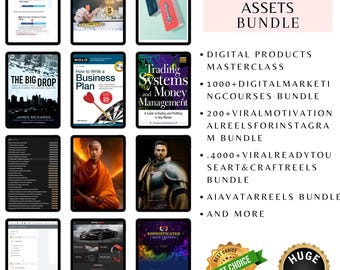 Paket med digitala produkter och tillgångar | AI-marknadsföring, affärskurser, virala reels, e-böcker, mästarklass, mallar, aktier