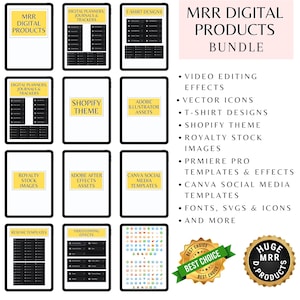 Op de afbeelding: Een digitale productenbundel met verschillende sjablonen en assets. De afbeelding toont meerdere digitale tablets met items zoals digitale planners, T-shirt-ontwerpen, Shopify-thema's en royaltyvrije stockfoto's. De tekst bevat "MRR DIGITAL PRODUCTS BUNDLE."