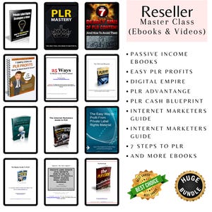 May include: A collection of ebooks and videos on the topic of Private Label Rights (PLR). The image features various book covers with titles like "PLR Mastery" and "7 Deadly Sins of PLR Content." Includes a "Best Choice" badge and a "Huge Bundle" seal.
