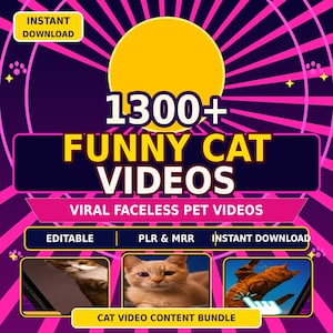 Può includere: Una grafica digitale con un cerchio giallo su sfondo viola e linee rosa radianti. Il testo recita 1300+ FUNNY CAT VIDEOS, VIRAL FACELESS PET VIDEOS, EDITABLE, PLR & MRR, INSTANT DOWNLOAD e CAT VIDEO CONTENT BUNDLE con tre foto di gatti.