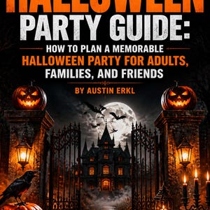 Op de afbeelding: Een boekomslag met de titel The Halloween Party Guide: How to Plan a Memorable Halloween Party for Adults, Families, and Friends door Austin Erkl. De afbeelding toont een donker landhuis, een volle maan, vleermuizen, pompoenen, een raaf en een schedel.